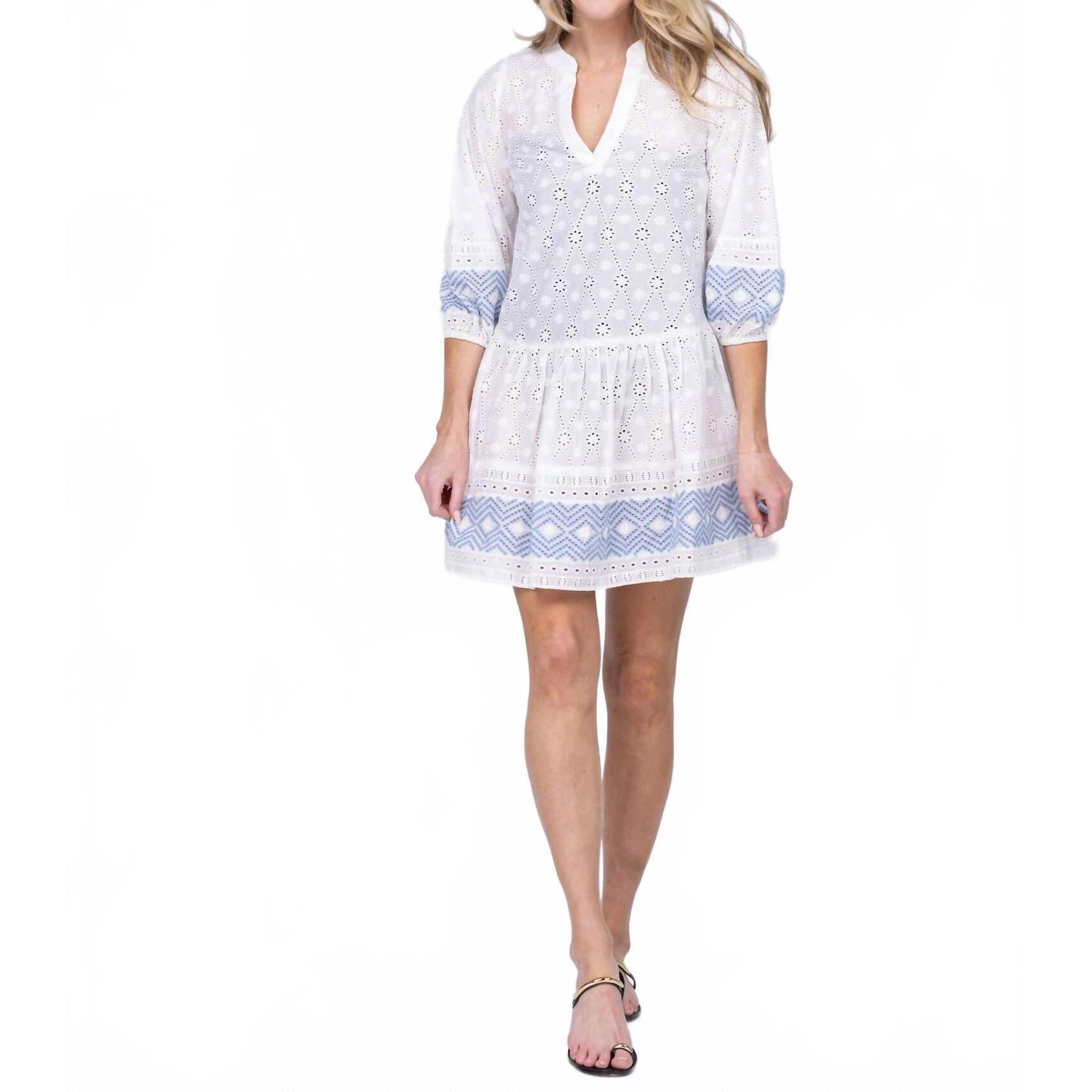 New Shoshanna Umbrella Eyelet Mini Dress In White/Blue